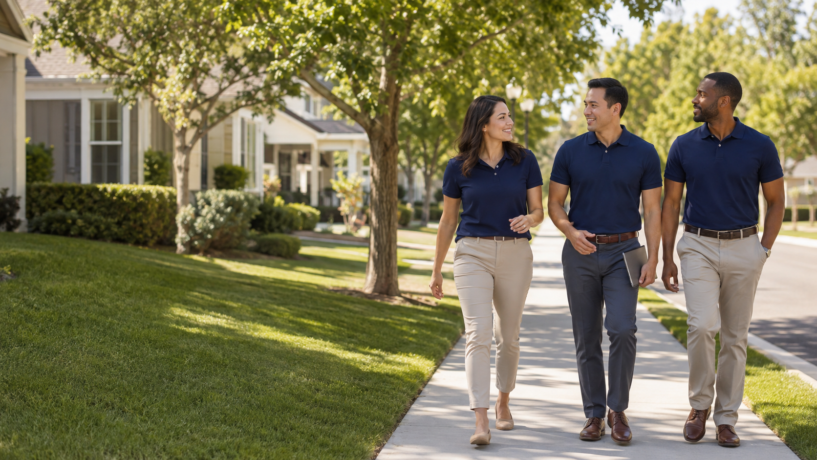 A team of field sales professionals walking through a neighborhood